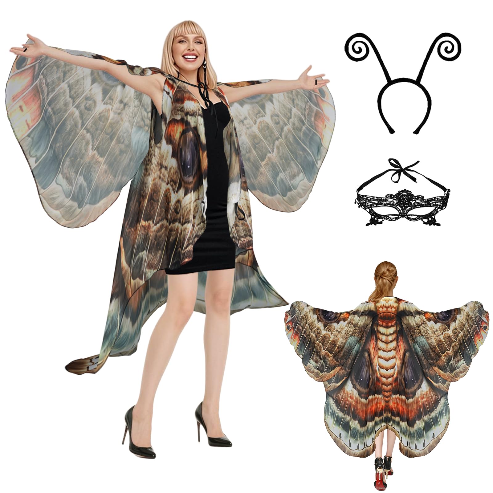 Sunlisky Halloween Costumes for Women Adult Butterfly Costume Wings Cape with Moth Antenna Headband,Mask: Dynamic Double-layer Brown