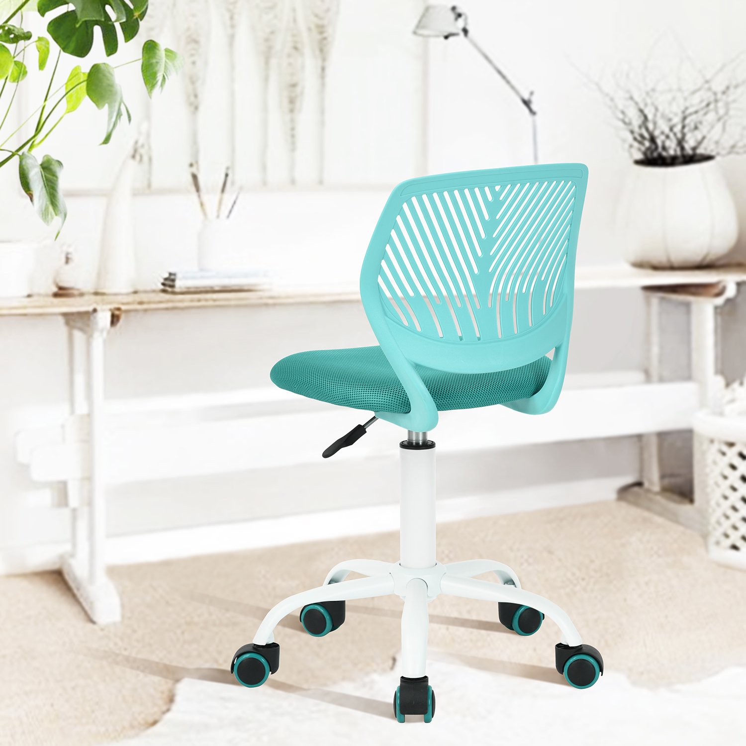 FurnitureR Moderne sans Bras pour Enfants-Chaise de Bureau réglable et pivotante pour écrire à la Maison-Turquoise, Plastique Métal, 38,5CM x40CM x75-87CM