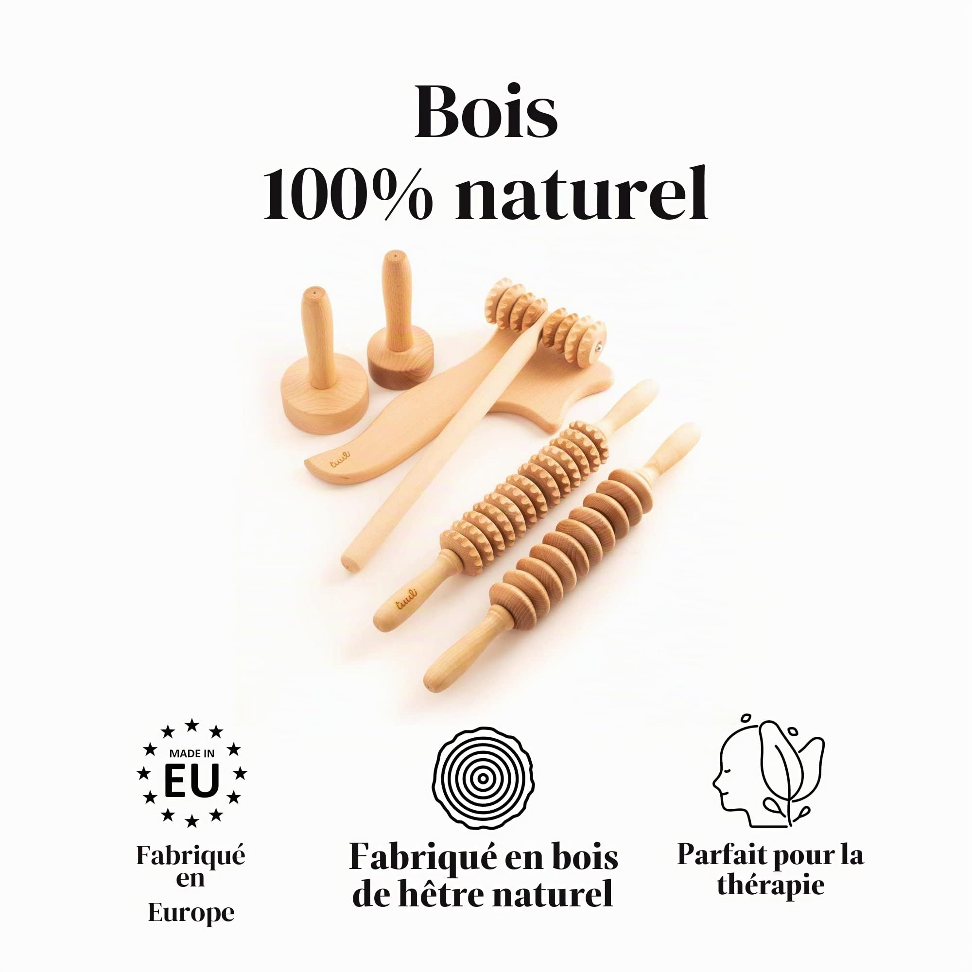 Tuuli Accessoires Maderotherapie Kit de Massage Coupe Suedoise Anti Cellulite Drainage Lymphatique Masseur Rouleau Bois