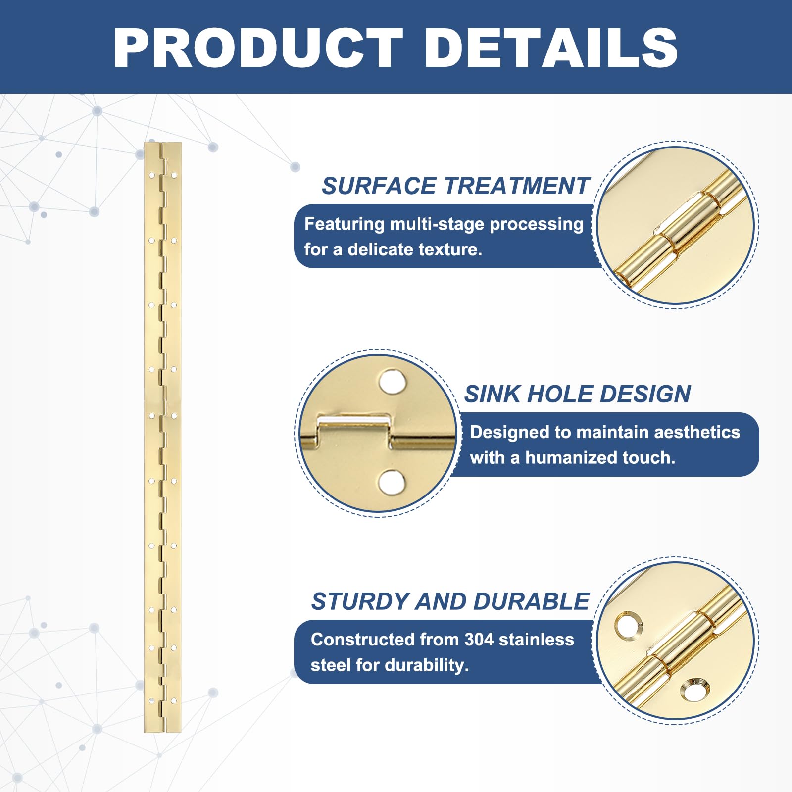 PATIKIL 20x1.2 Inch Piano Hinge,8 Pcs 304 Stainless Steel Continuous Hinge with Holes for Piano Gate Door Wooden Storage Box Cabinet Boat,Gold - Image 3