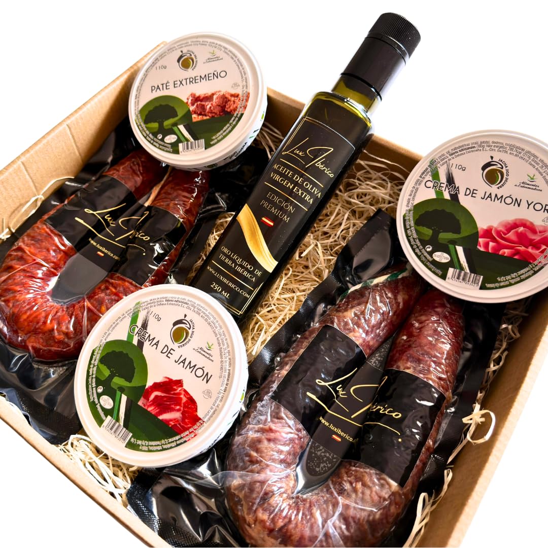 Cesta Regalo Galileo - Embutidos, Patés Extremeños y Aceite de Oliva | Chorizo y salchichón ibérico, tres patés extremeños y aceite de oliva virgen extra. Aperitivo variado listo para regalar.