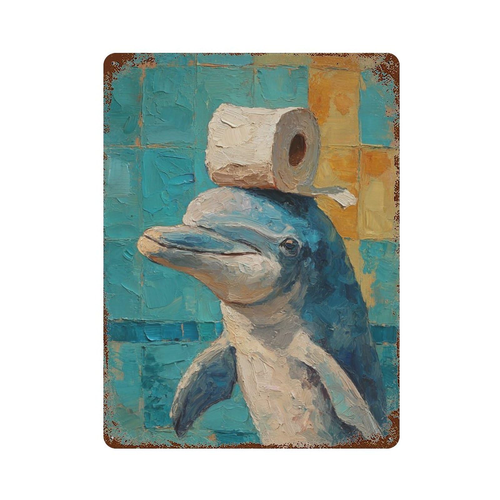 Rust Effect Dolphin with Toilet Paper Hat Rusty Metal Tin Sign 15.7"x11.8", Shabby Chic Decor for Garage, Bar And Workshop Decor