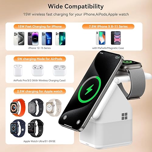 Miniatura 5 de WSKEN Cargador de estación de carga inalámbrica 3 en 1 para iPhone lámpara de luz de mesita de noche Cargador rápido MagSafe de 15 W para iPhone