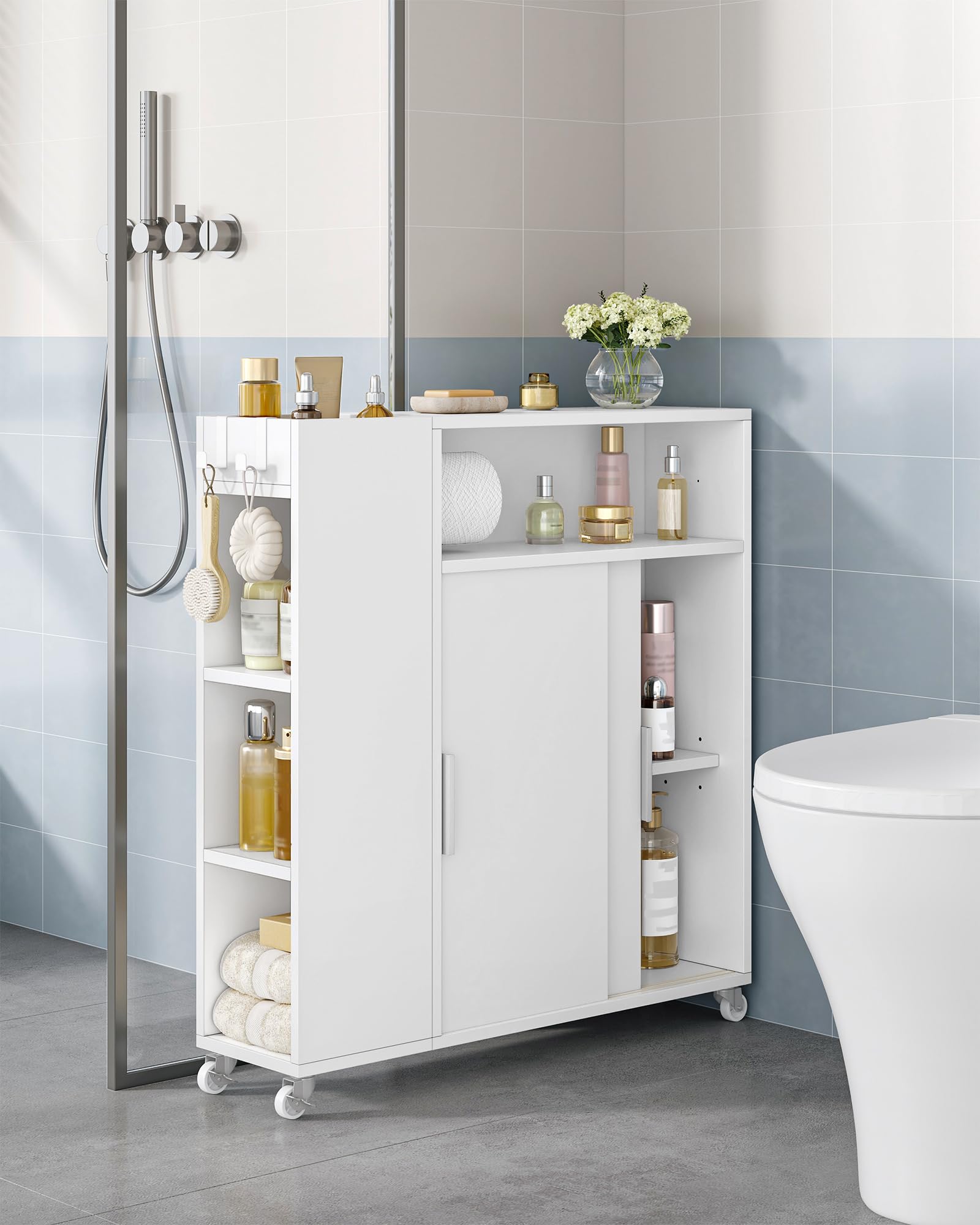 Hzuaneri Mueble de Baño on Ruedas, Estrecho, Mueble Empotrado con Puertas Correderas, Portarrollos, Estantes Ajustables, para Baño, Salón y Cocina, 20 x 70 x 80 cm, Blanco BC66603X