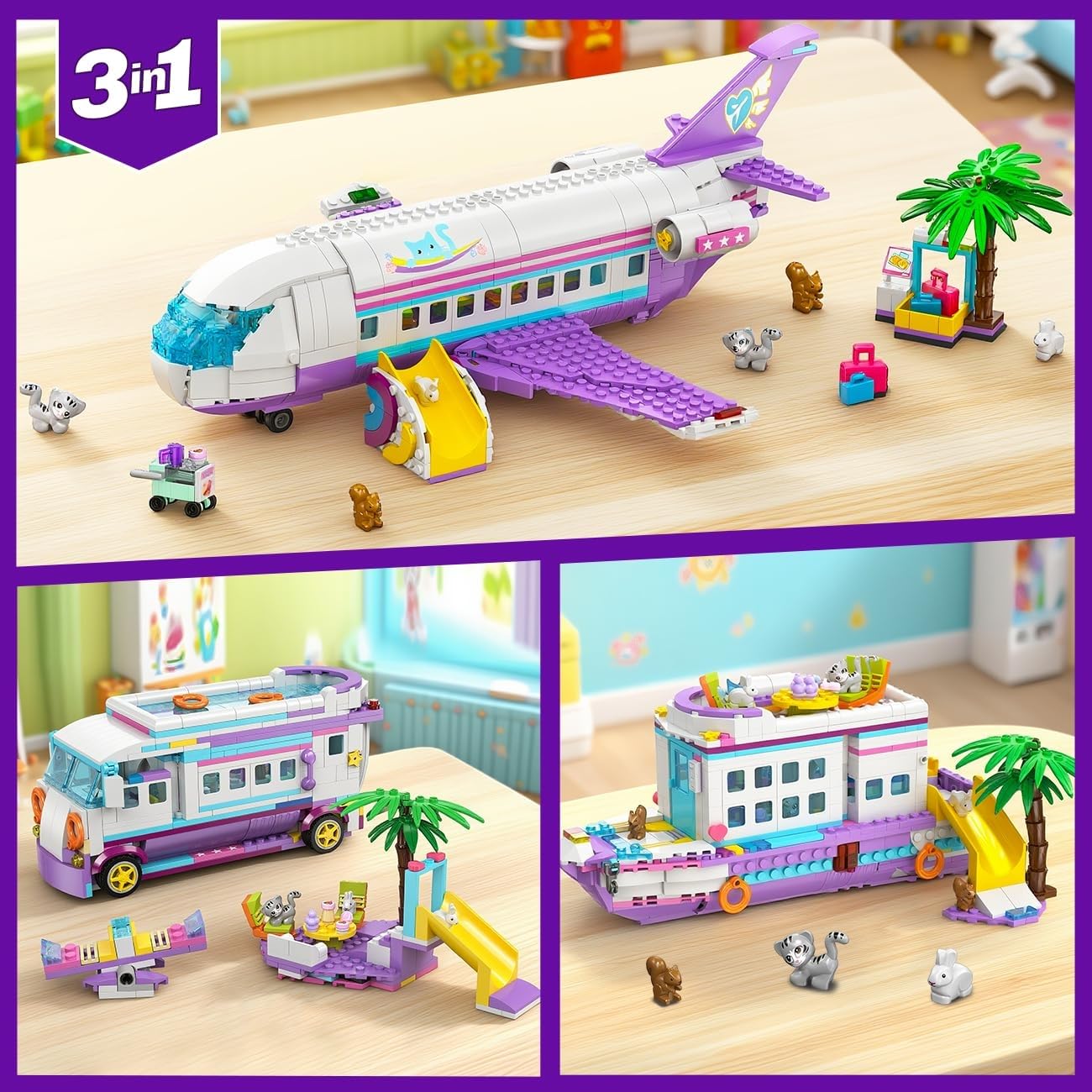 HOGOKIDS 3 in 1 Friends Aereo Giocattolo da Costruire - 808pcs Set di Costruzioni per Aereo/Barca/Camper con 6 Mini Animali Carini, Scivolo e Adesivi, Regali per Bambini Ragazzi Ragazze