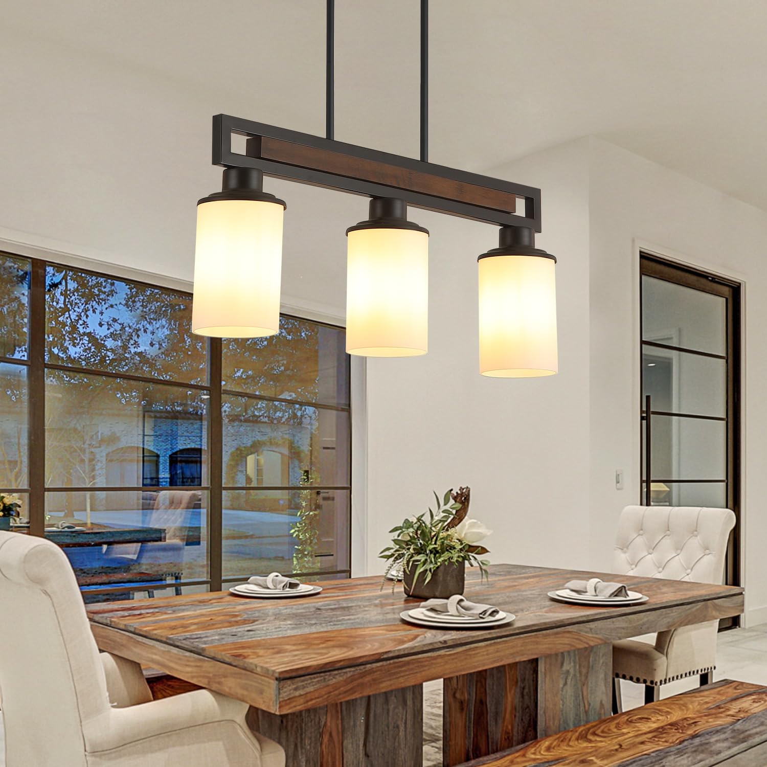 Farmhouse Dining Room Light Fixture, 3-Light Wood Kitchen Island Lighting for Dining Room Over Table, Black Adjustable Pendant Light with Milk Glass Shades, Linear Chandeliers Lighting for Kitchen