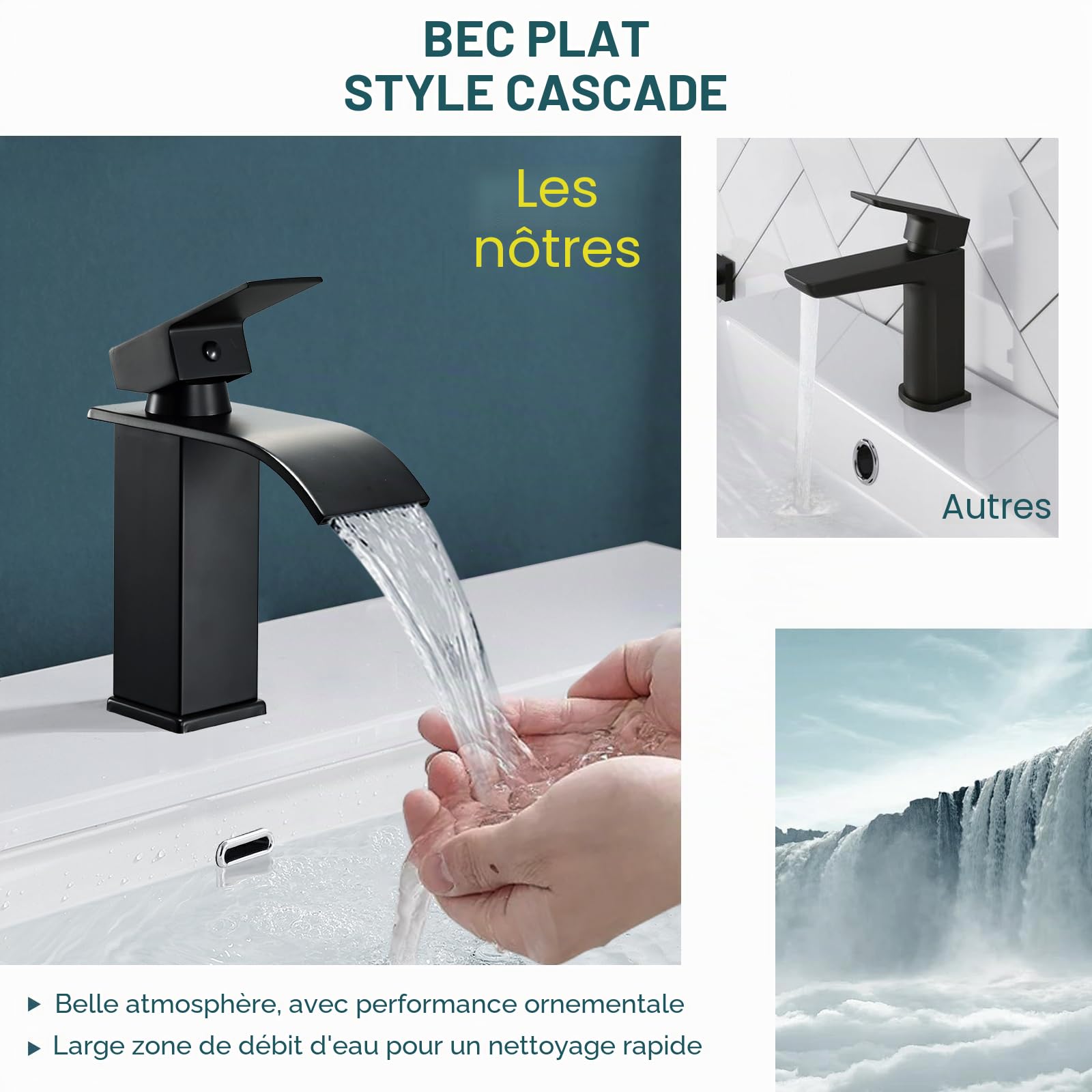 Peppermint Robinets de lavabo cascade noir mat avec fente pop-up robinet mitigeur d'évier de salle de bain monobloc 1 trou avec tuyaux G1/2" modernes robinets de vestiaire mono en acier inoxydable