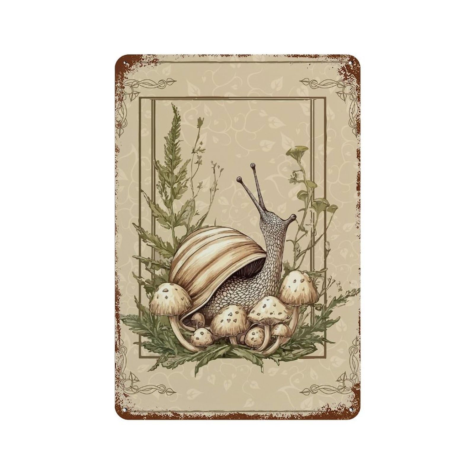 Cottagecore Snail And Mushrooms Weathered Tin Sign 11.8"x7.9", Shabby Chic Decor for Garage, Pub Or Kitchen