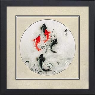 Silk Art 100% Handmade Embroidery Framed Five Red & Black Japanese Koi Jumping Oriental Wall Hanging Art Asian Decoration Tapestry Artwork Picture Gifts (05: Five Koi)