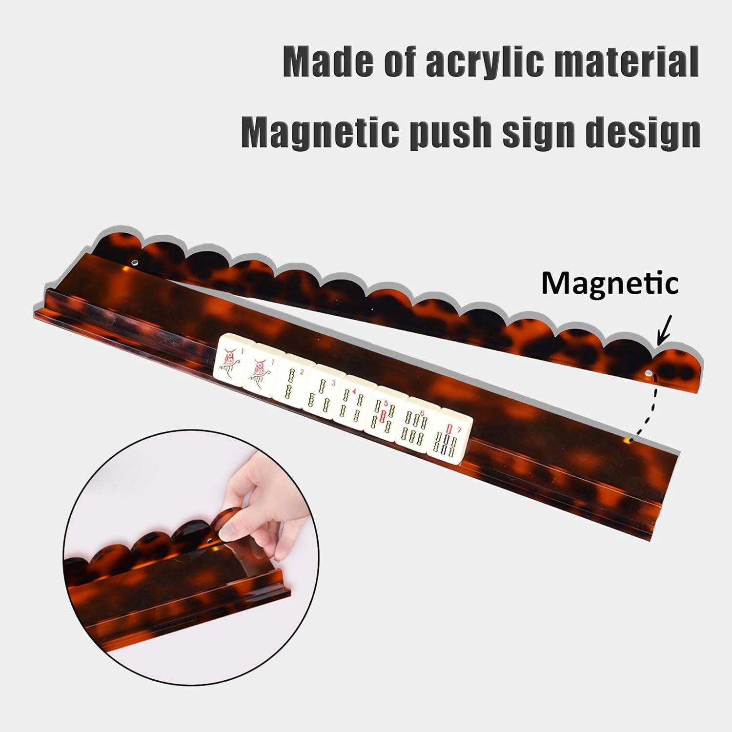 1pc Tortoise Shell Mahjong Rack with Magnetic Pusher, 17.5/20 Inch Scalloped Acrylic Racks for Mahjong Tiles, Glossy Finish for Smooth Tile Alignment, Single One (20in)