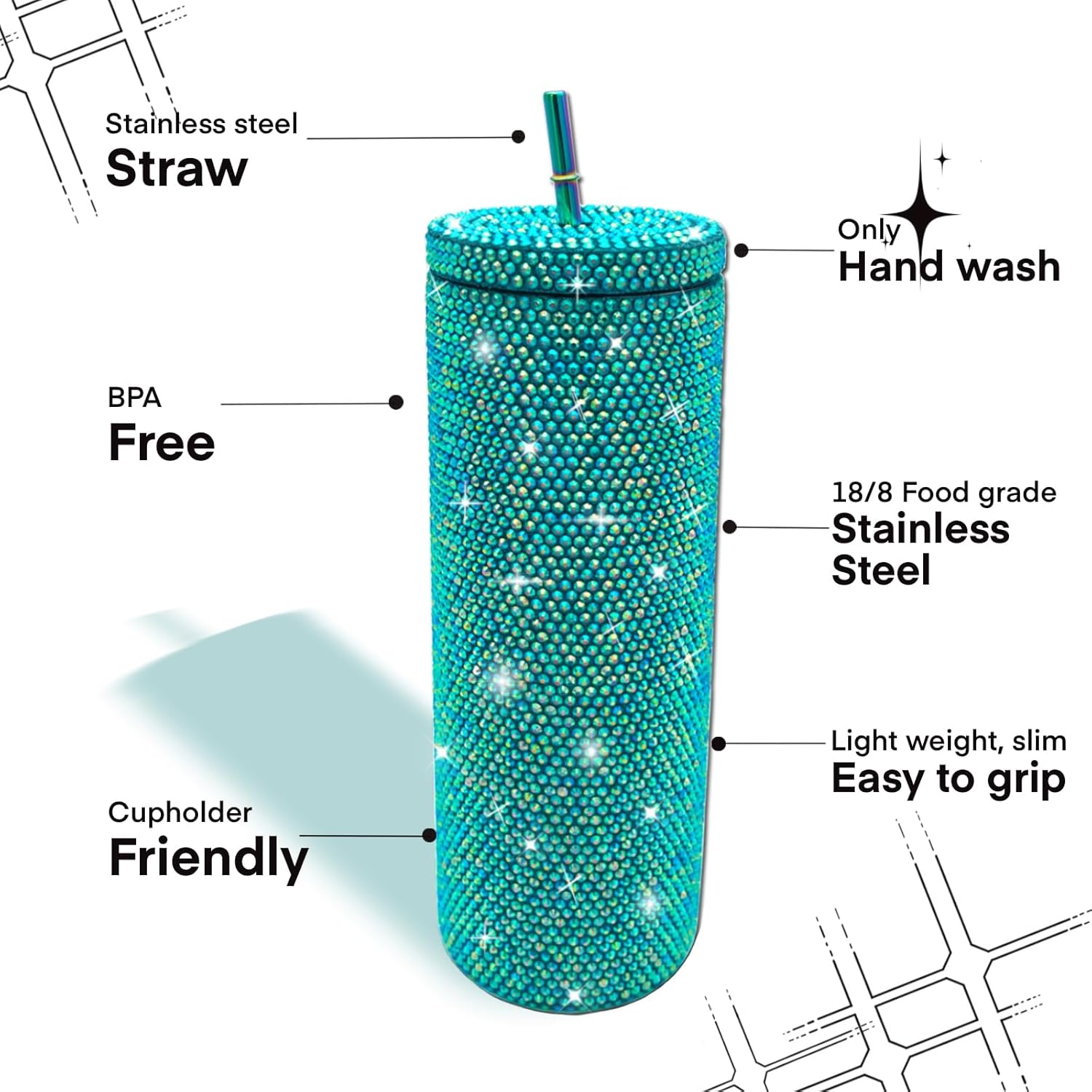 20oz Bling Diamond Tumbler with Lid and Straw Studded Skinny Tumbler Stainless Steel Vacuum Insulated Water Bottle Double Wall Iced Coffee Mug Reusable Glitter Cups (Ocean Blue) - Image 3