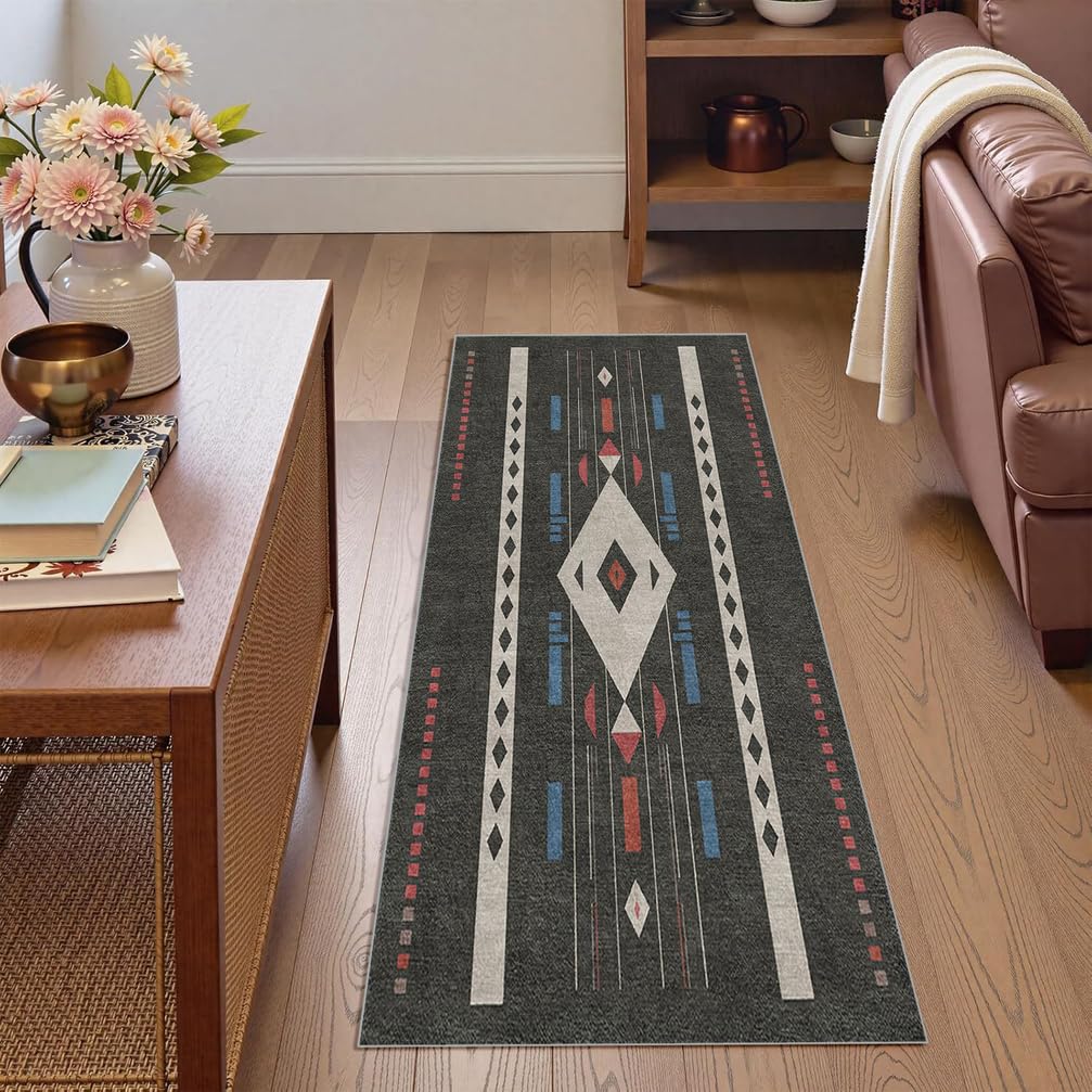 Tappeto Passatoia Antiscivolo 1.8 Metri, Tappeto lavabile per cucina, Tappeto Corridoio Interno Lungo per Ingresso Cucina Camera da Letto Casa，90 x 180 cm,Nero，Motivo Geometrico Moderno