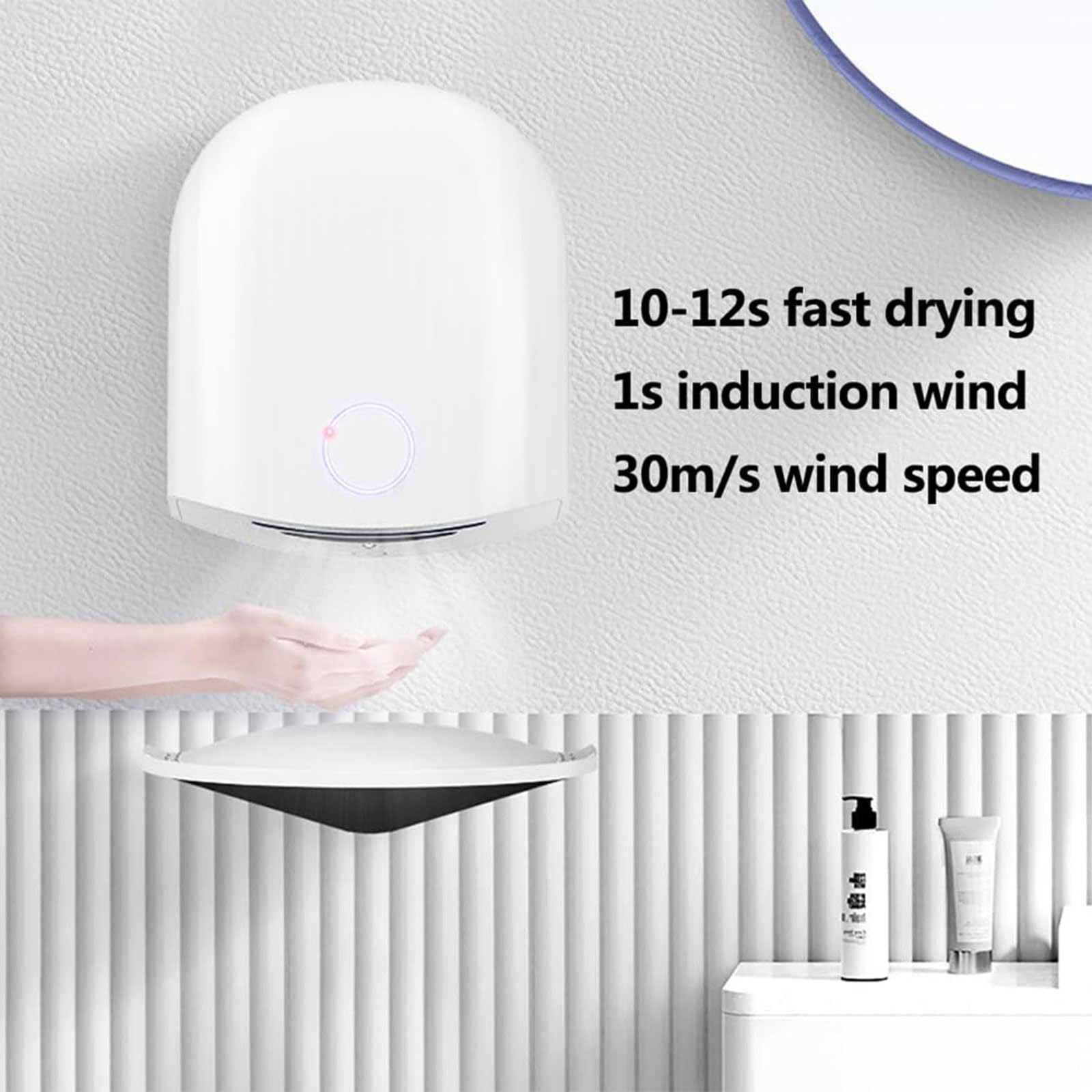Secador De Manos Comercial 1200W Con Bandeja De Drenaje Secador Automático | Secador de Pared con Frío y Calor Ajustable, Indicador de Luz Azul y Estructura Antirrobo, Para Baño e Inodoro(black)