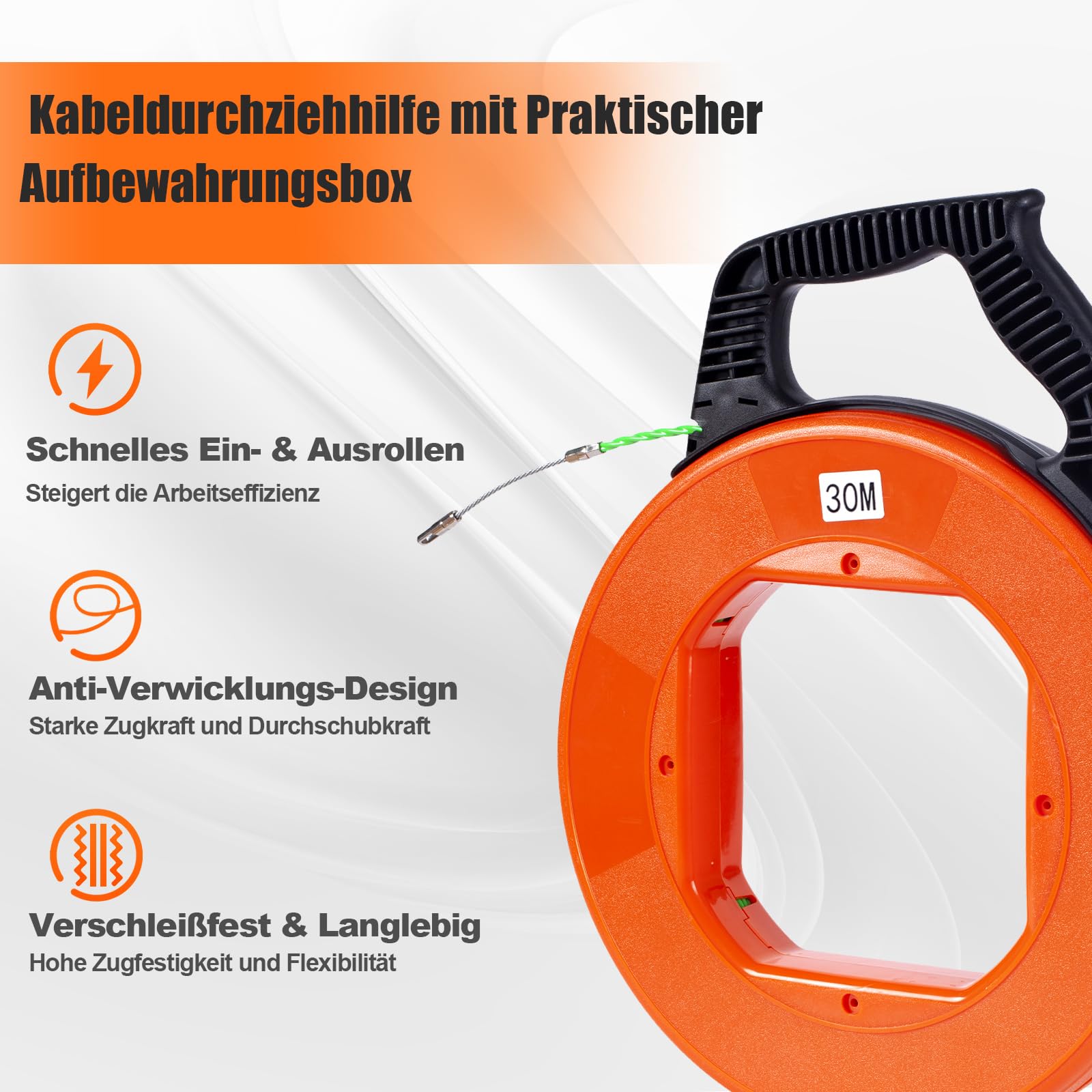 Pious Kabeleinziehhilfe 30m, Zugdraht für Leerrohre, mit Aufbewahrungsbox, Einziehband Anti-Verwicklungs-Design, Gleitet leicht um Rohrkurven, Perfekte Kabel Einzugshilfe für Glasfaser-Durchziehhilfe