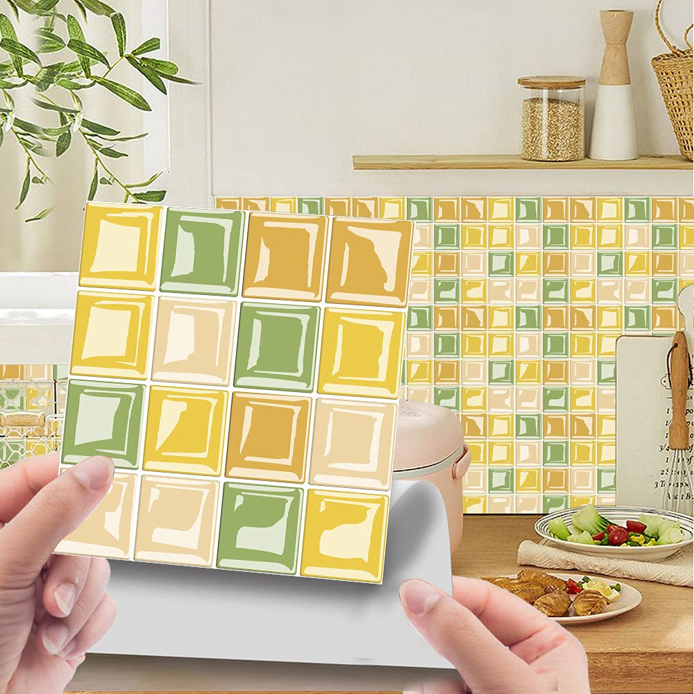 Hiseng 30pcs Wall Tile Stickers, Hiser Square Retro Marble Mosaic Style Waterproof Decals Sticker for Kitchen Living Room Bathroom Home Floor DIY Decor Self-Adhesive (yellow-green,20x20cm)