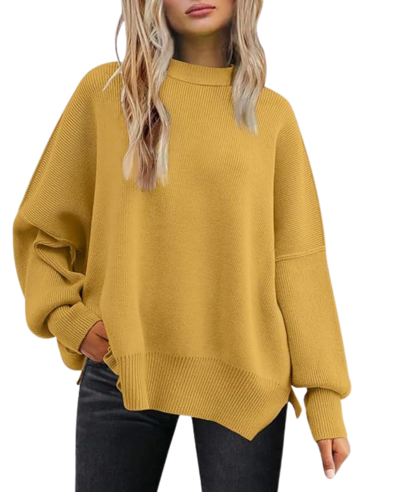 LIZALIG Womens Oversized Batwing Casual Sweaters Fall Outfits Knit Side Slit Fashion Crewneck Pullover Batwing Tops