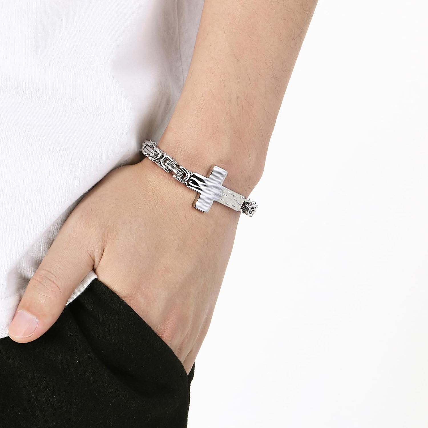 Men's Stainless Steel Cross Bracelet Punk Style Link Chain Silver Bracelet for Men, Fashion Religious Jewelry with Push Clasp Cool Bangle Gift for Boyfriend Husband - Image 6