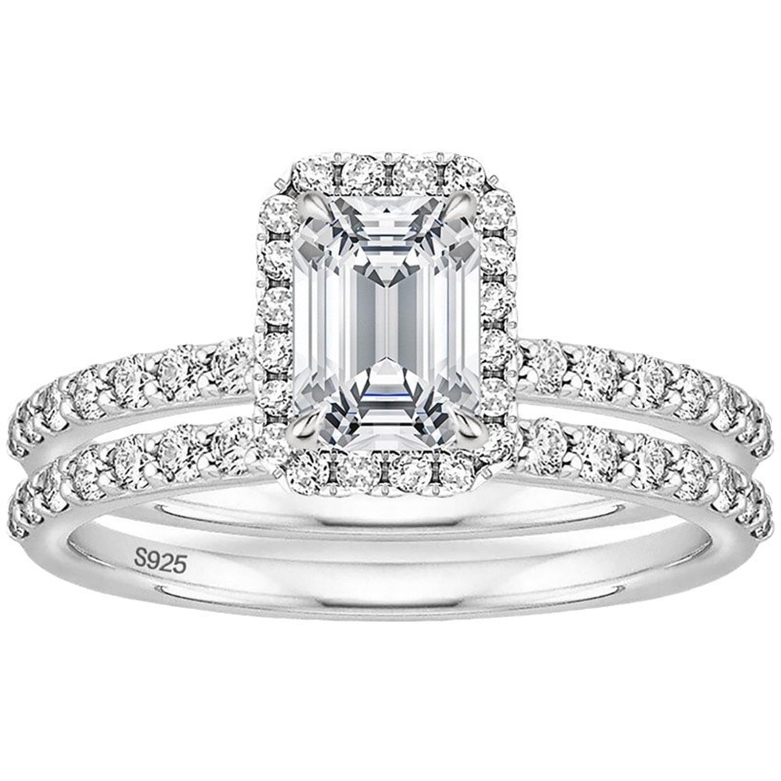 Anillo de compromiso rectangular de plata de ley 925 de 2 quilates para mujer, juego de 2 anillos de compromiso de oro con circonita cúbica de 6 x 8 mm