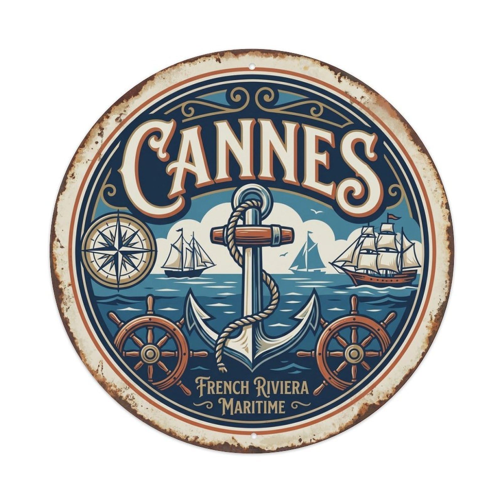 Anchor Motif of Cannes Mediterranean Travel Vintage Metal Tin Sign