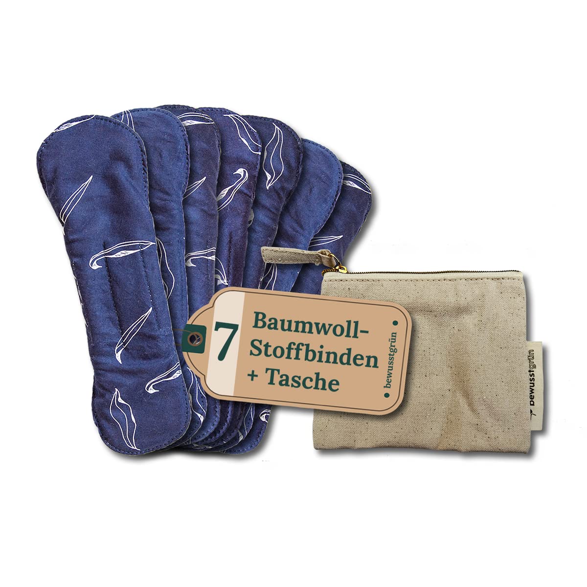 7 Bio-Stoffbinden + Wet Bag & Pflegeanleitung I 100% Bio-Baumwolle I 3-lagiger Schutz und Komfort in der Periode, Waschbare Slipeinlagen