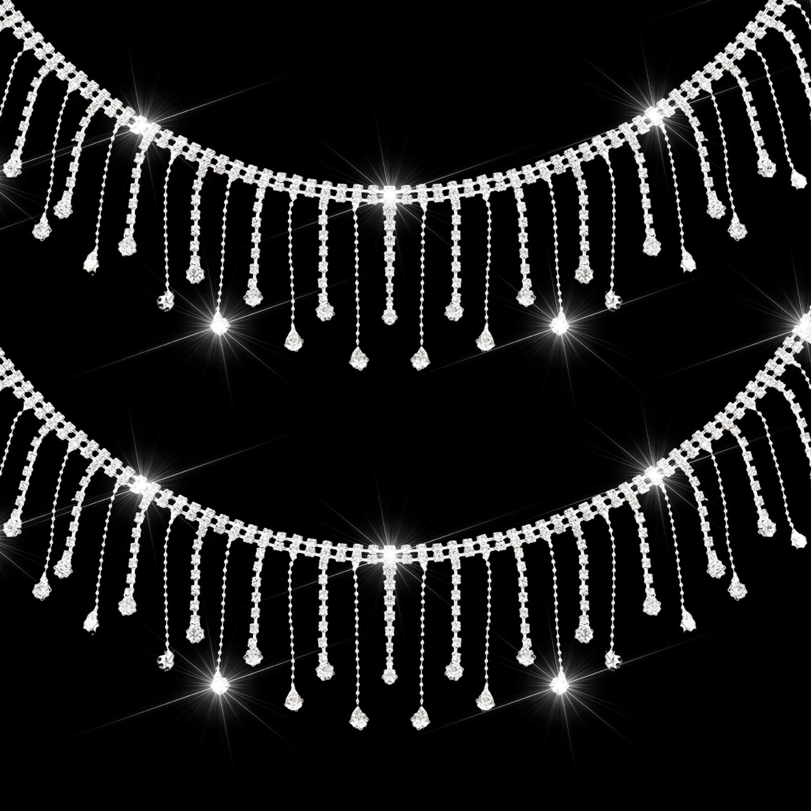 2 Yard Rhinestone Fringe Trim, Rhinestone Trim Ribbon Tassel Belt Chain, Silver Fringe Trims for Clothing Accessories and DIY Craft Decoration, Sparkle Diamond Beaded Fringes for Sewing