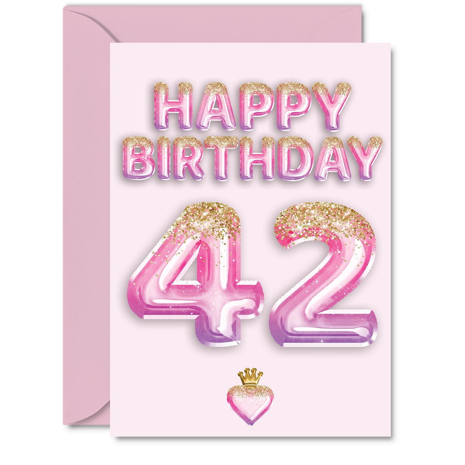 42nd Birthday Cards for Women and Men, Pink & Purple Glitter Balloons