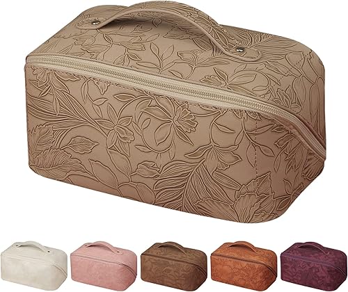 GOLDORANGE Bolsa de maquillaje de viaje, bolsa de cosméticos a cuadros, bolsa de maquillaje portátil de gran apertura, se abre plana para un fácil