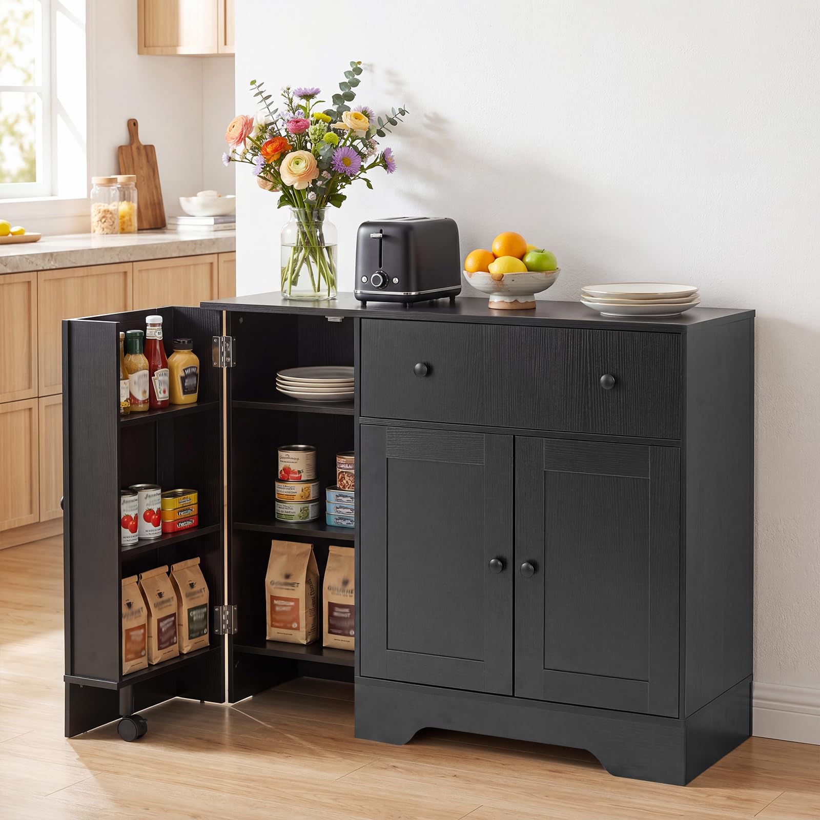 COSTWAY Credenza Buffet da Cucina in Legno, 105 x 40 x 83 cm (Nero) | Mobile Dispensa da Cucina con Cassetto, Ripiani, Anta Girevole con Ruota, Armadietto a 2 Ante, per Soggiorno e Sala da Pranzo