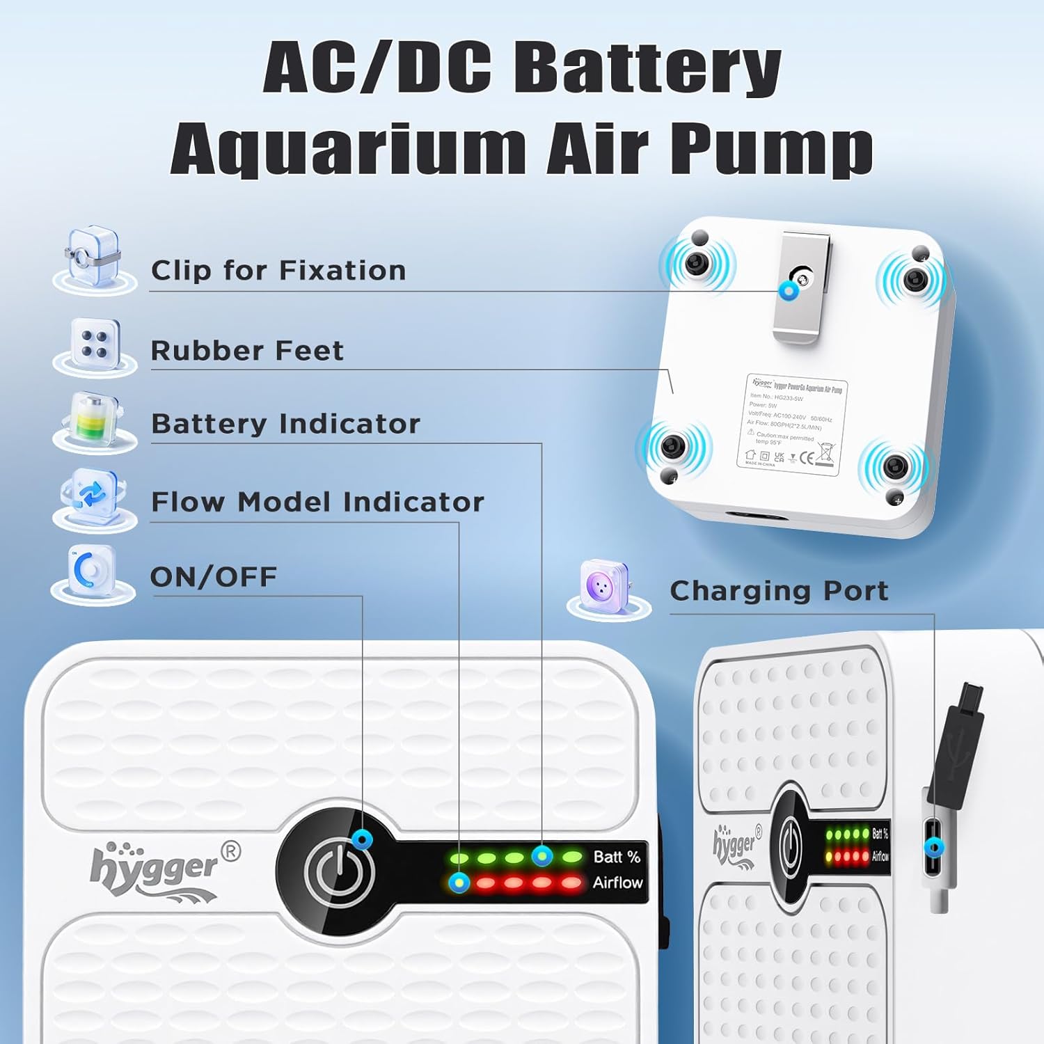 hygger USB Rechargeable Aquarium Air Pump, Battery Powered Quiet Oxygen Pump, Portable Aerator with Air Stone, Adjustable Air Flow with Clip for Bait Bucket, Outdoor Fishing and Power Outages