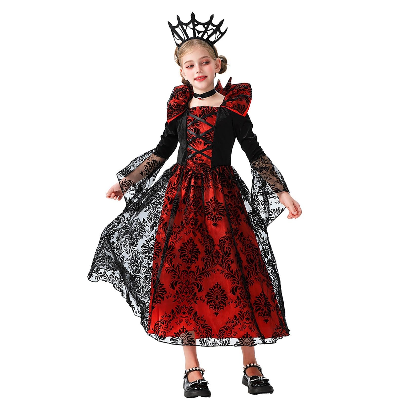 Costume Halloween Bambina Vampiro Per Bambina, Vestito Rosso E Nero Con Gonna Ampia, Adatto Per Feste In Maschera E Carnevale