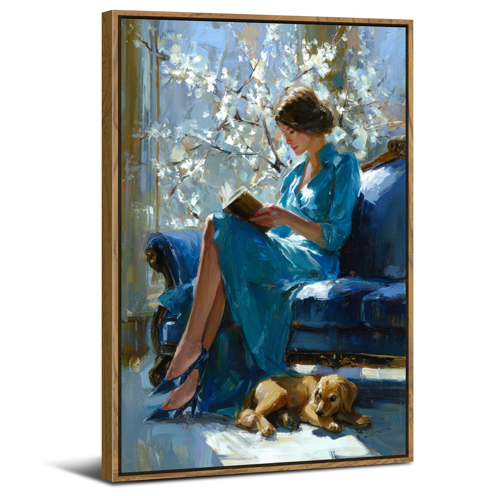 Abstract Wall Art Framed Canvas Prints for Bedroom Decor 24x36", Elegant Women Reading Book with Dog Wall Pictures Vintage Female Portrait Watercolor Painting Farmhouse Aesthetic Poster Large Artwork