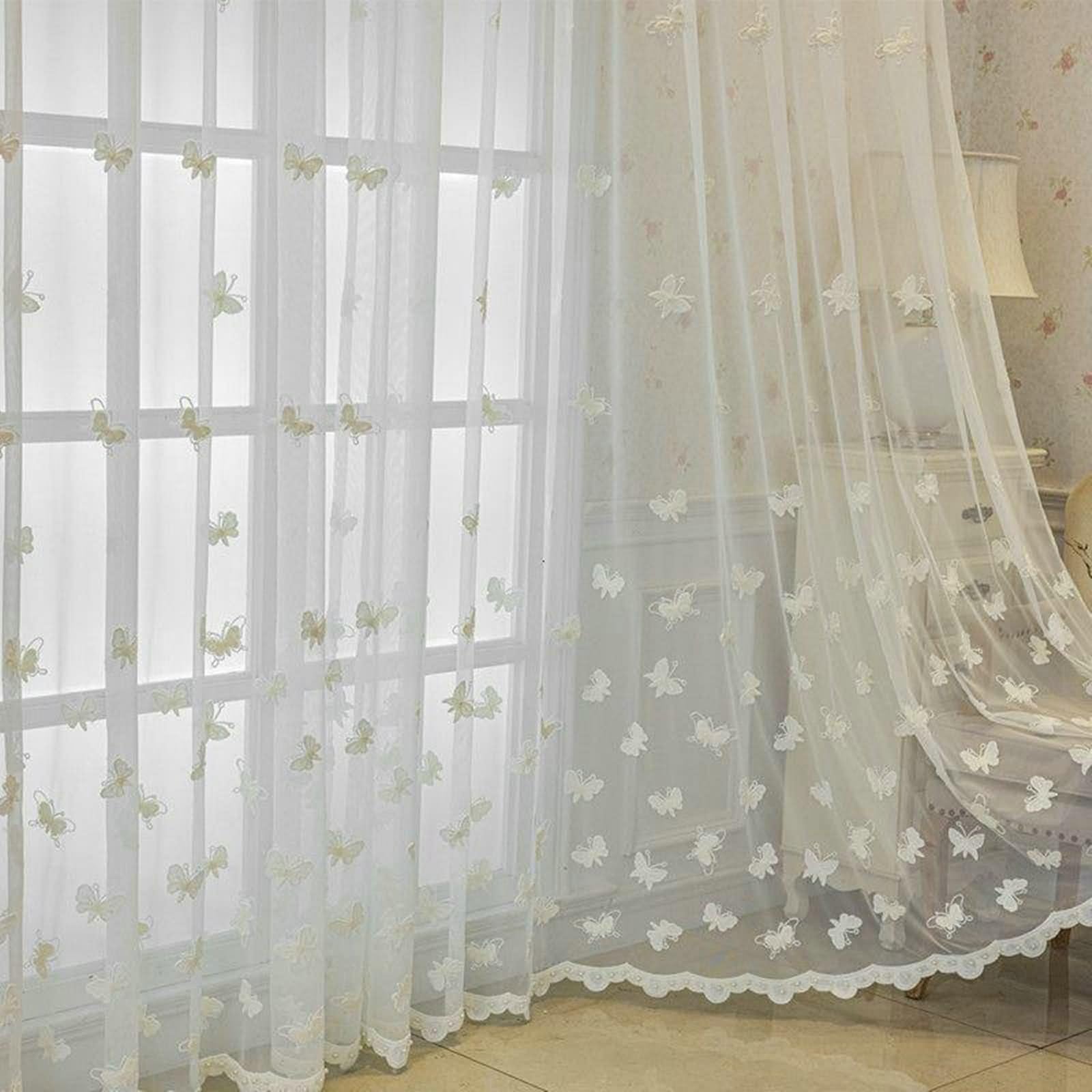 Rideau Cuisine Extérieure, Voilage Blanc Salon Papillon Brodé Mélange Polyester-Coton Lot de 2 132W x 229L cm