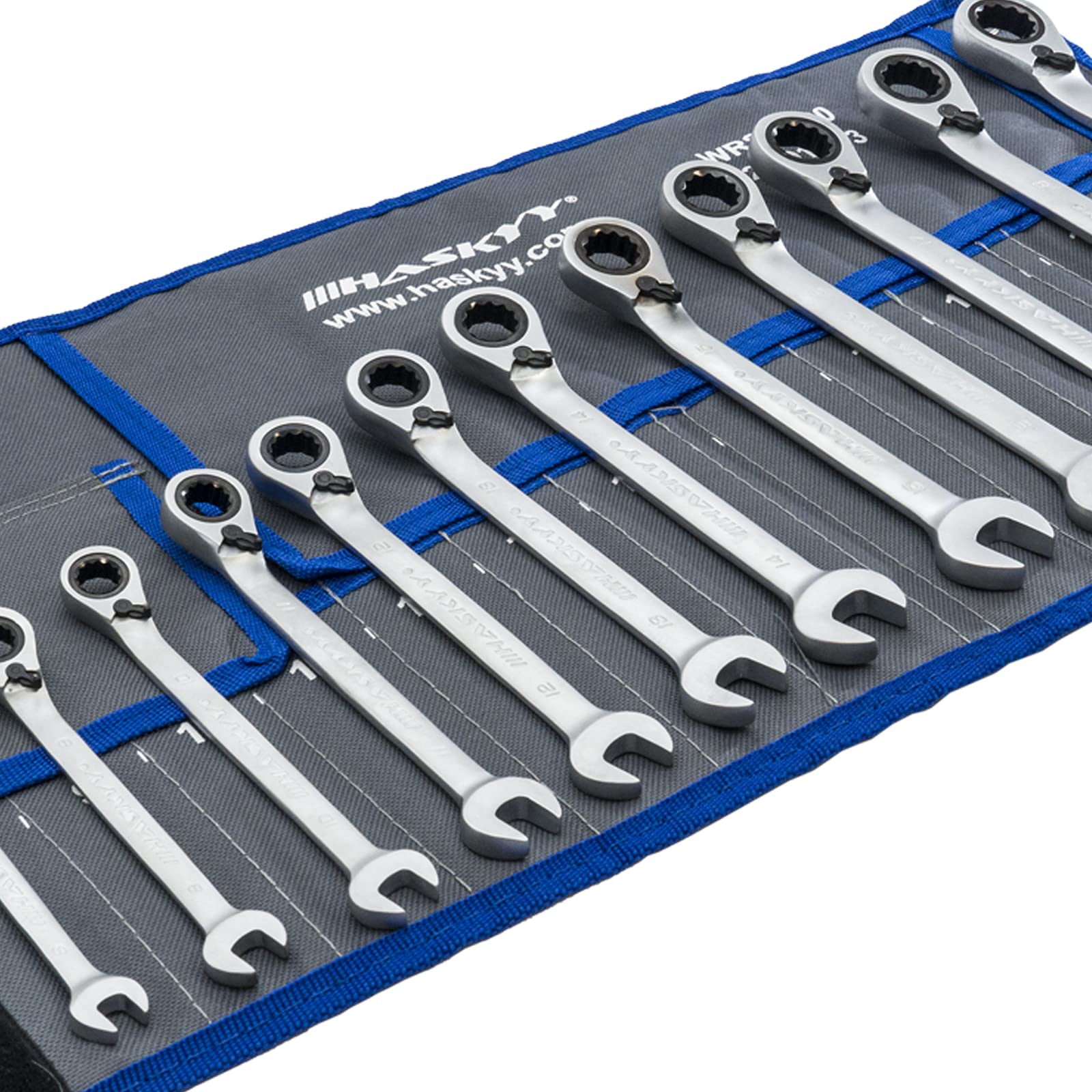 HASKYY Set di chiavi a cricchetto, 12 pezzi, 8-19 mm, angolo di lavoro di 15°, chiave a cricchetto, set di chiavi a forchetta
