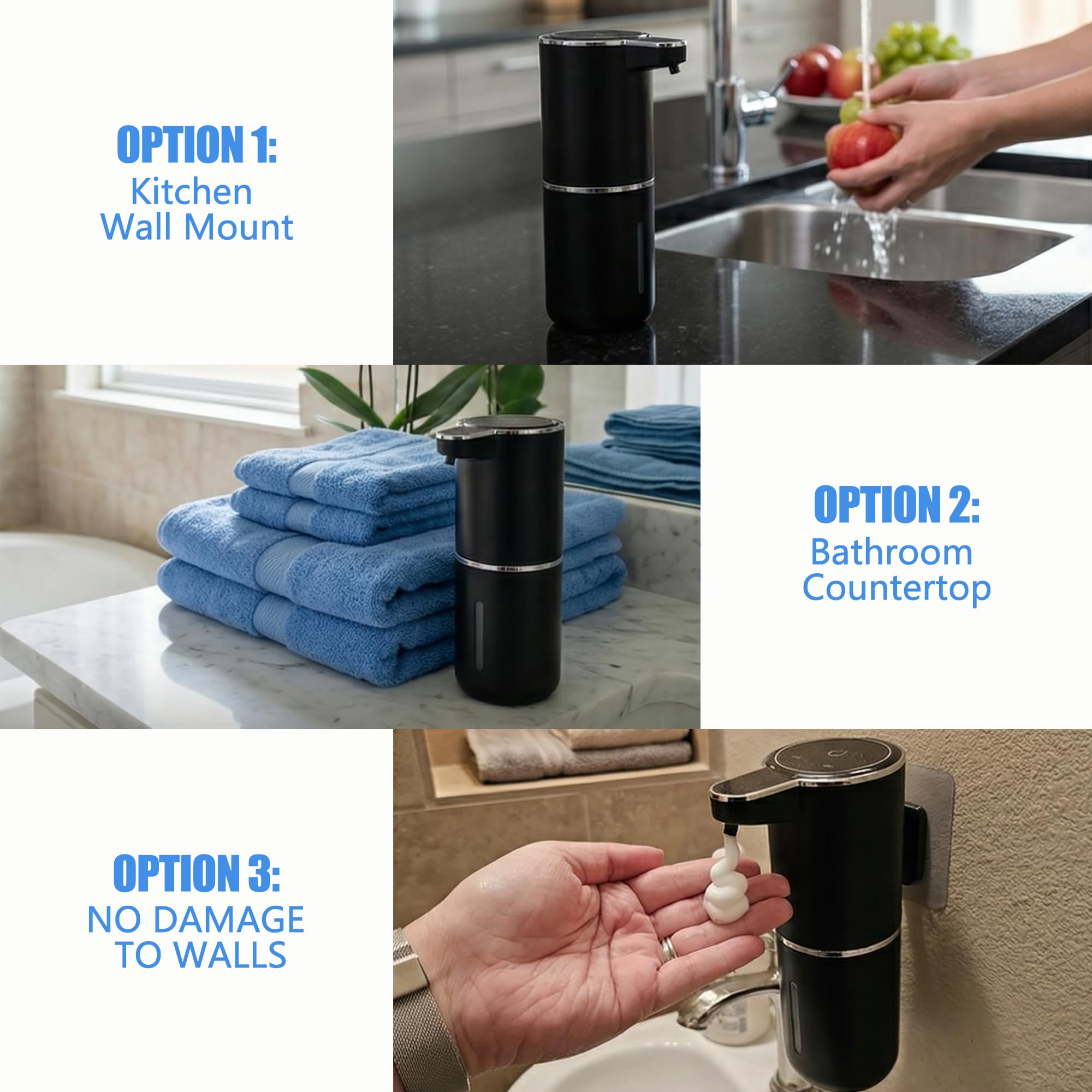 Paquete de 2 dispensadores automáticos de jabón de espuma, dispensador de jabón de manos inteligente recargable por USB con 4 niveles ajustables, 380 ml, montado en la pared o encimera, IPX5