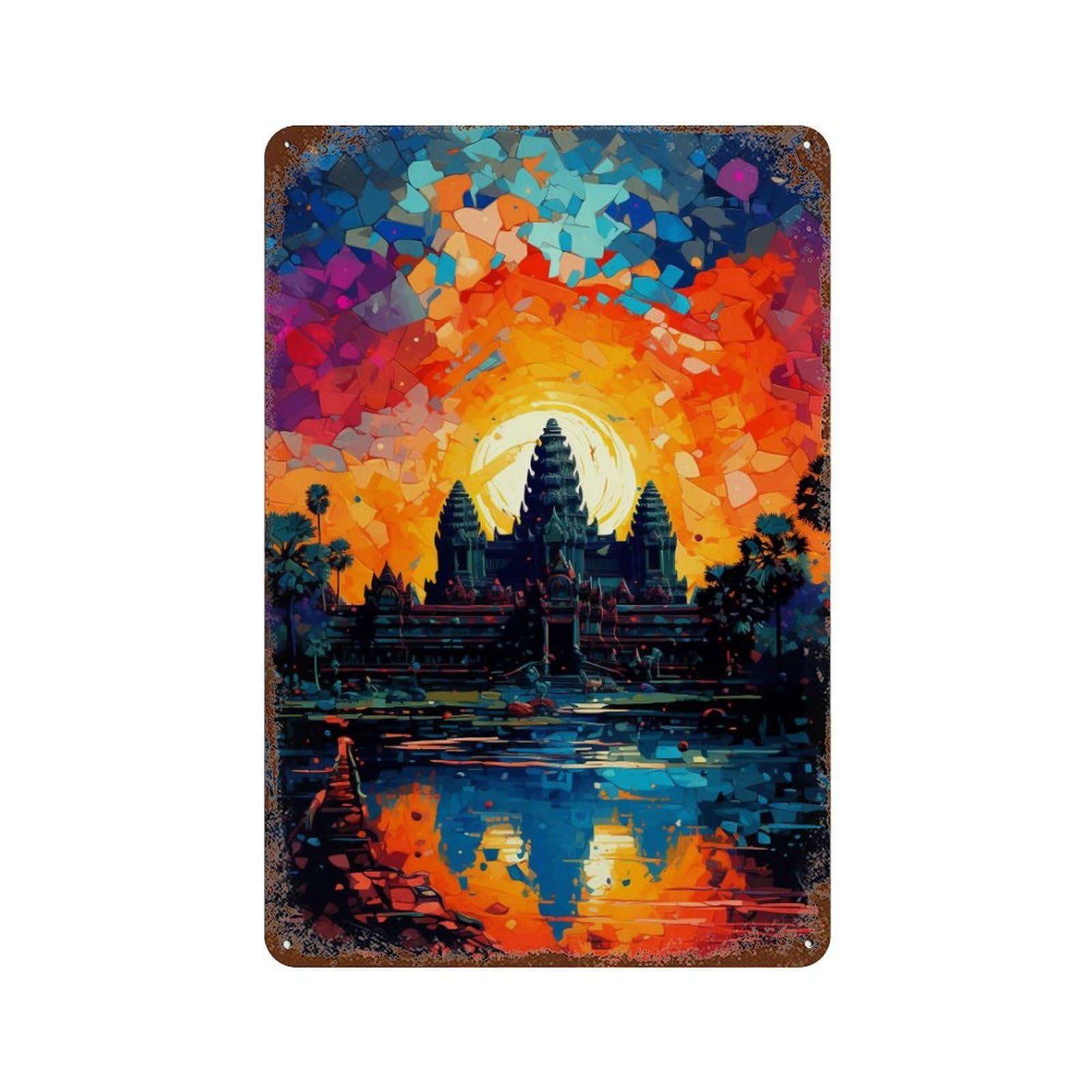Vintage Rust Metal Sign with Angkor Wat Sunset Reflection Design 11.8"x7.9", for Office, Studio And Wall Decor, Farmhouse Wall Decor