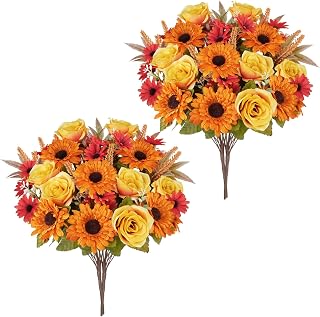 4 Bundles Fall Cemetery Flowers for Grave, Fall Artificial Flowers, 17in | Fake Sunflower Bouquet with Fake Daisy & Silk Roses Autumn Floral Arrangements Table Wedding Thanksgiving Home Fall Decor