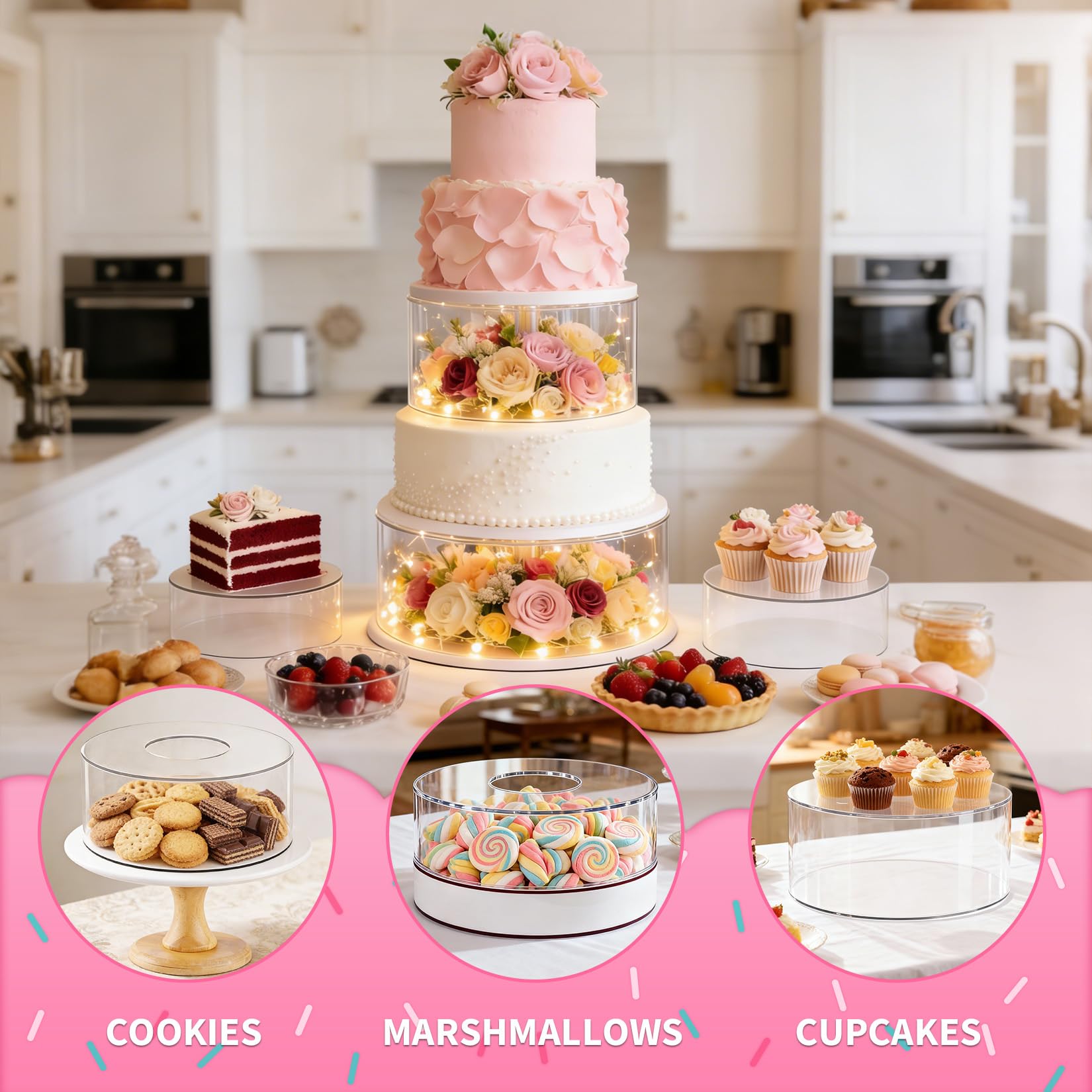 Garvee Alzata per torte in acrilico trasparente con luci a LED, 15,2/20/25,4 cm, rotonda, riempibile, con etichette, espositore da tavolo per dessert, per feste, matrimoni, compleanni