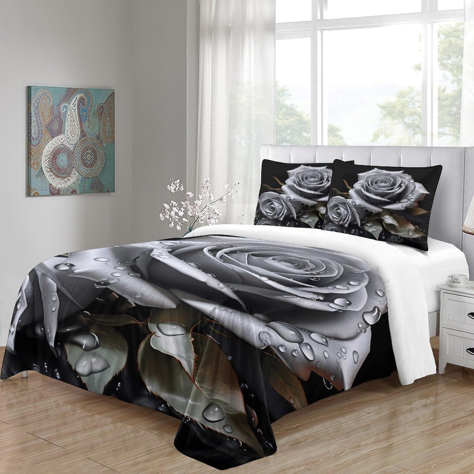 Graue Rose 3-teiliges Pflegeleichtes Polyester Digitale Kunst Stil Kinderbettbezugset, 2 Kissenbezug, Unsichtbarer Reißverschluss, Babysicher King（220x240cm）
