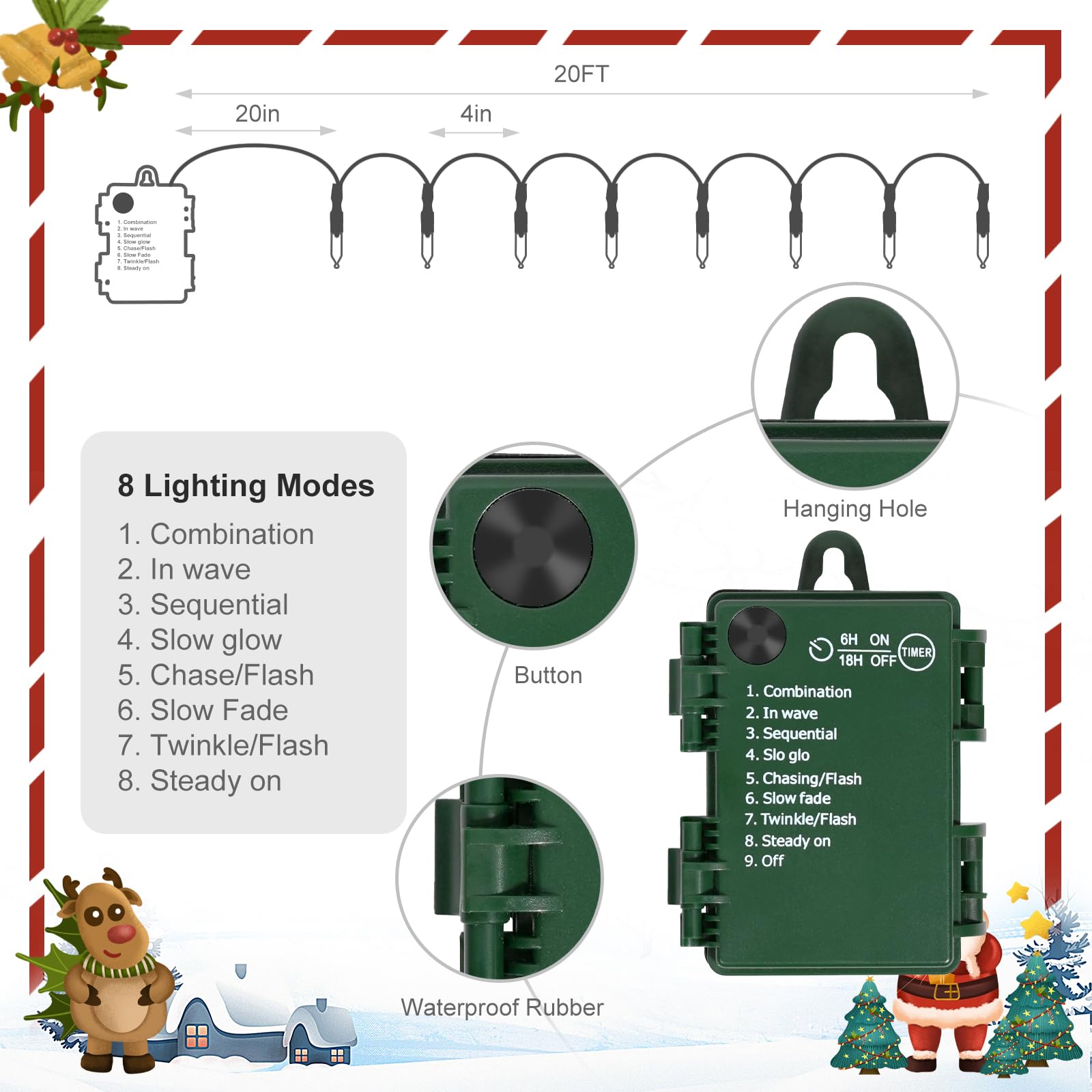 Luci di Natale a batteria, confezione da 4 mini luci trasparenti da 50 LED, 8 modalità con timer, impermeabili, per Natale, interni ed esterni, decorazione per la casa, bianco caldo