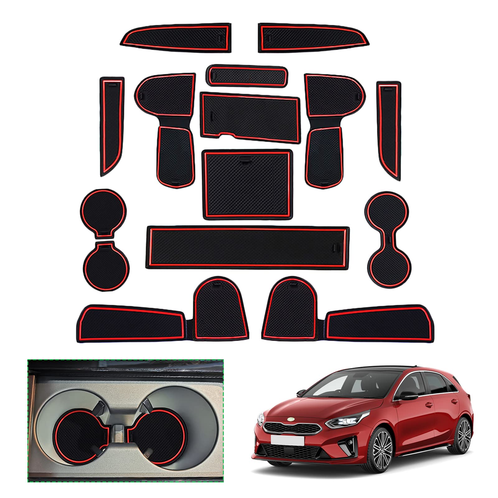 GAFAT Compatibili con Kia Ceed Proceed/XCeed GT Line 2018-2025 2026 Tappetini Antiscivolo, Tappetino in Gomma per Console Centrale, Portabicchieri, Cuciture Porta, Accessori Ceed XCeed (Rosso)