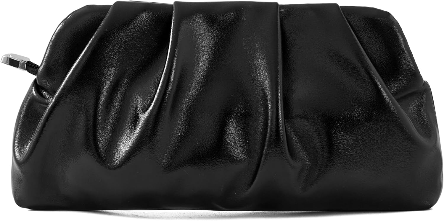 Women's Evening Bag Ruched Clutch Purse Detachable Chain Crossbody Bag (black)