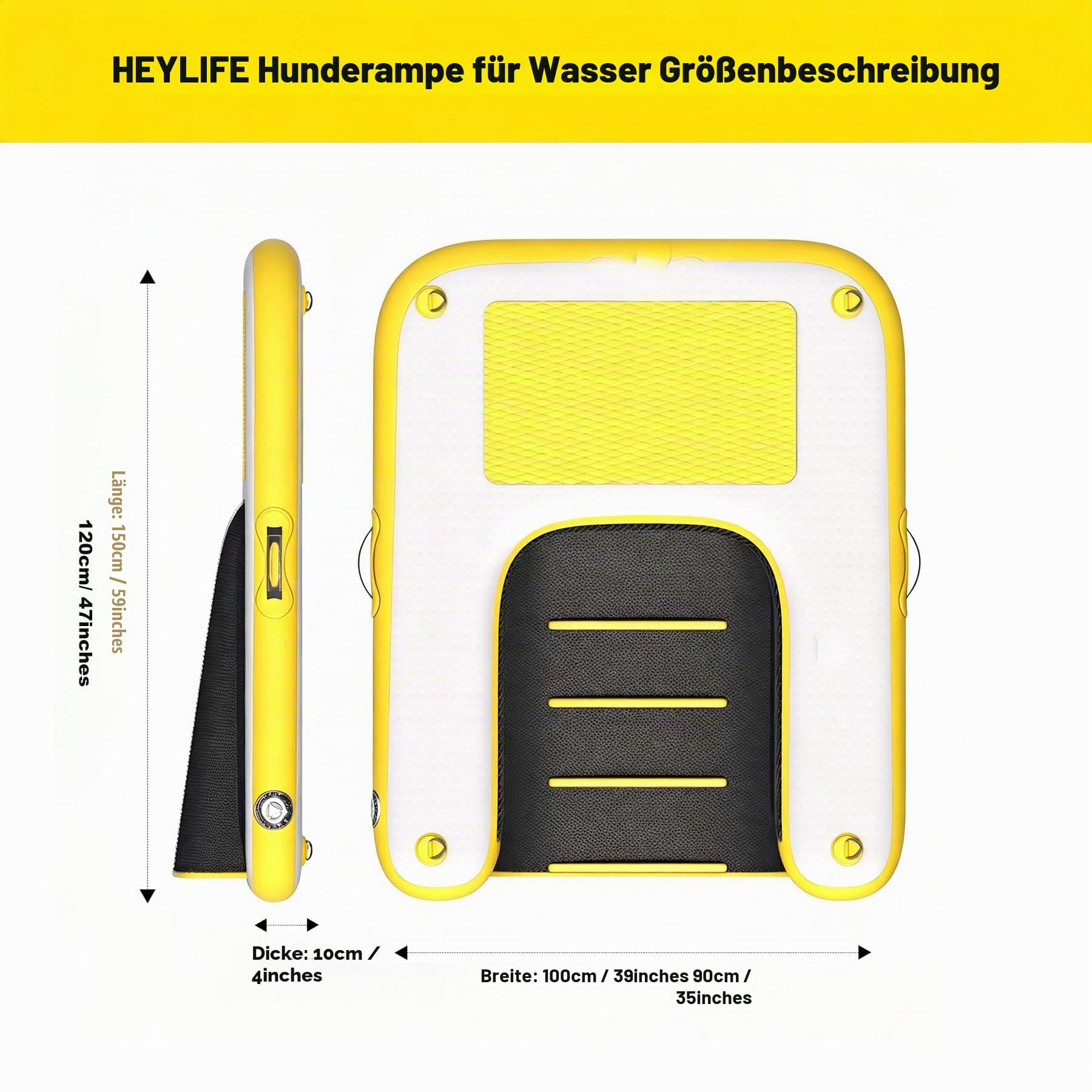 HEYLIFE Aufblasbare Hunde Wasserrampe bis 82 kg Schwimmend Pool See Gelb | Hunderampen UV & Salzwasserfest 120×90×10 (cm) Rutschfeste kratzfeste EVA-Auflage Doppelhub-Handpumpe & Zubehörset