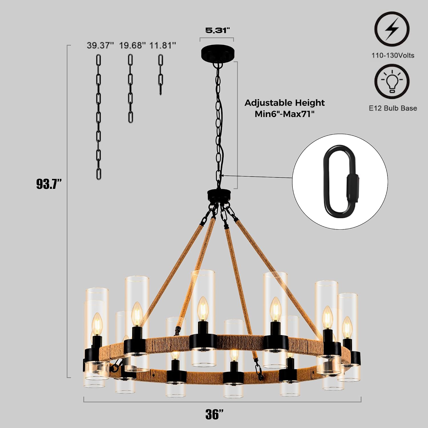 MAYNA 36 Inch Golden Wagon Wheel Chandelier with Glass Shade, 12 Lights, Modern Farmhouse Style, Ideal for Dining Room, Kitchen
