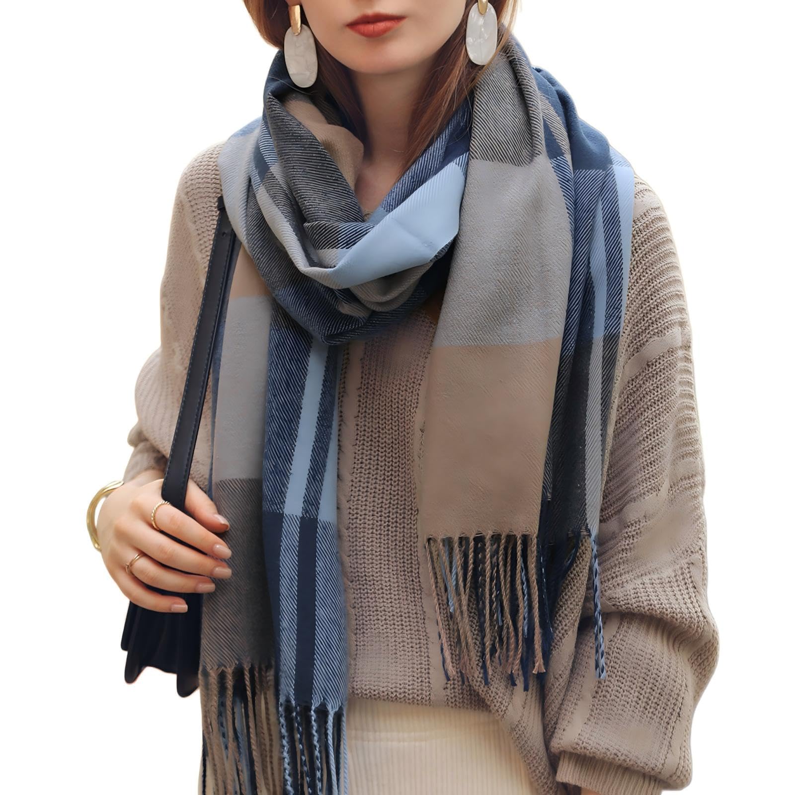 Minicoco Women's Blue Winter Tartan Scarf Long Scarves Warm Tartan Check Wraps Long Plaid Scarves Tassel Shawl Stole Scarves Life Blanket Scarf (65 * 185Cm, )