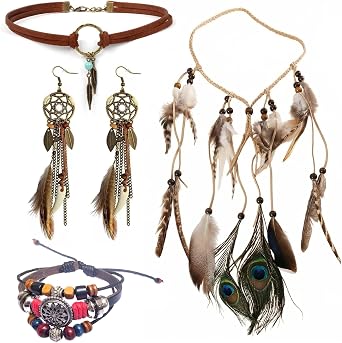 4Pcs Indian Jewellery Sets, Head Dress Jewelry Set Leather Pendant Choker Necklace Bracelet and Feather Dangle Earrings, Vintage Hippie Tribal Bohemian Jewelry for Women Party Festiva Cosplay