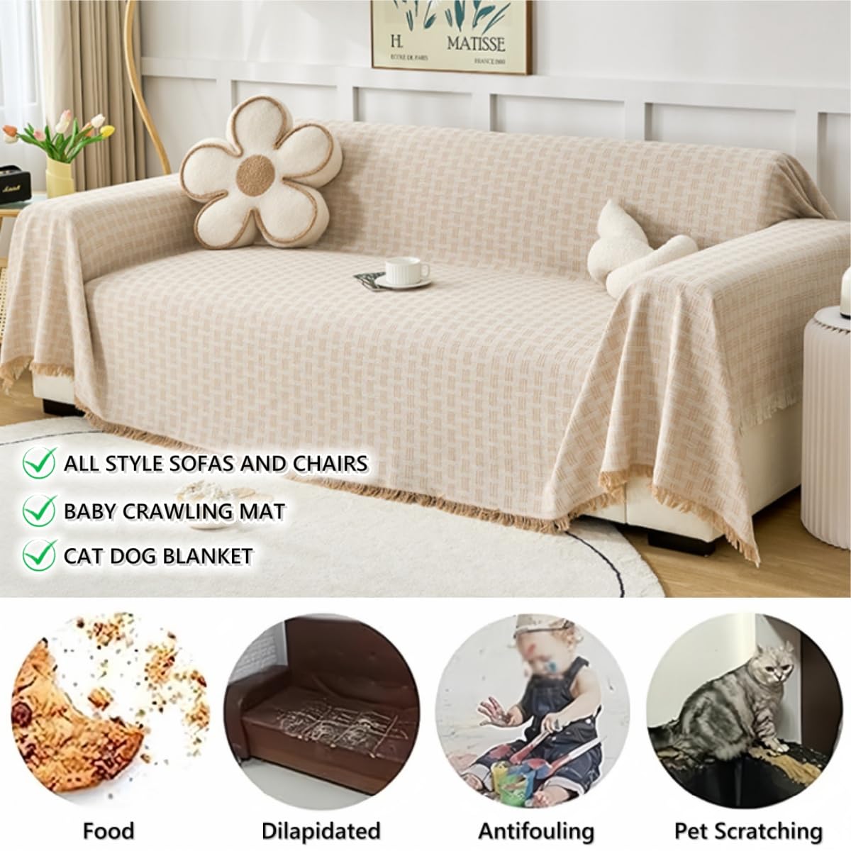 Manta Sofa Grandes para Cama Plaid Sofa 1 2 3 4 Plazas Colores Sólidos Sofa Plaid Cama Reversibles Sofá Asiento Cama Doble (Blanco,180x380cm)