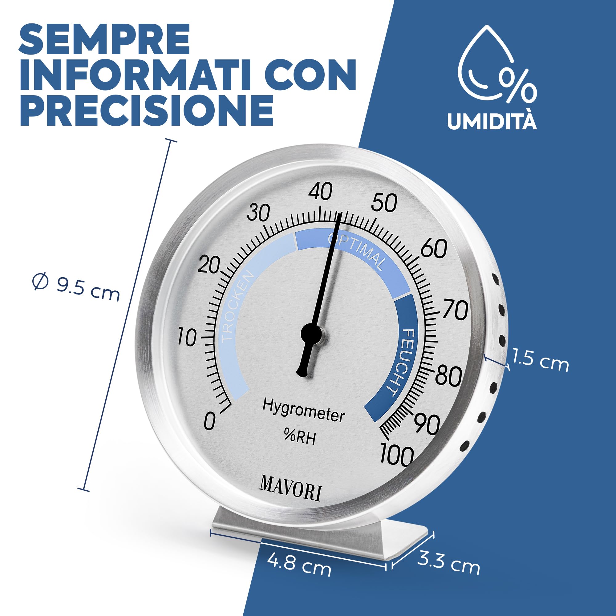 Igrometro analogico per Interni: misuratore di umidità in Acciaio Inossidabile per Un Clima Interno affidabile (Ø 9,5 cm)