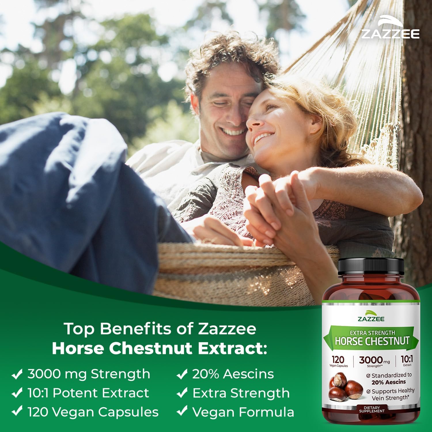 Zazzee Extra Strength Horse Chestnut 10:1 Extract, 3000 mg Strength, 20% Aescins, 4 Month Supply, 120 Vegan Capsules, Concentrated and Standardized 10X Extract, All-Natural, Non-GMO, Made in The USA - Image 3