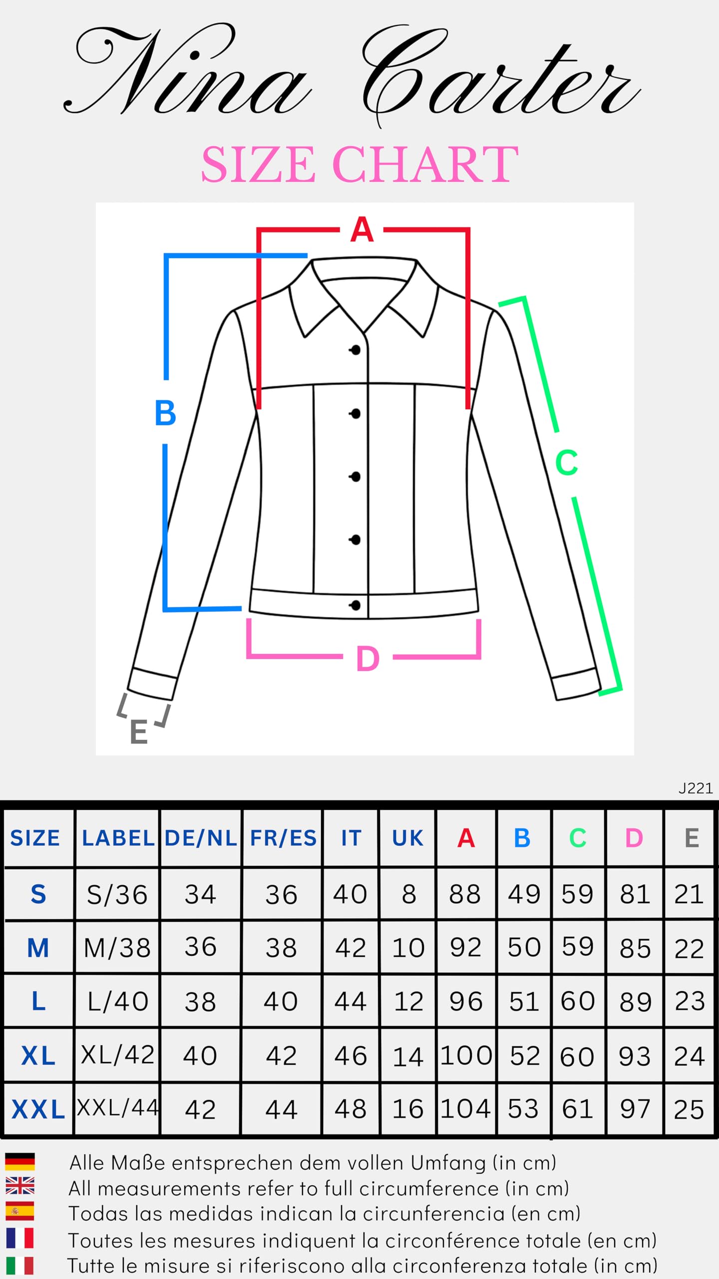 Nina Carter J212 Veste en jean slim pour femme - Veste stretch, colorée, avec col Kent, poches - Pour le printemps, l'été, la mi-saison
