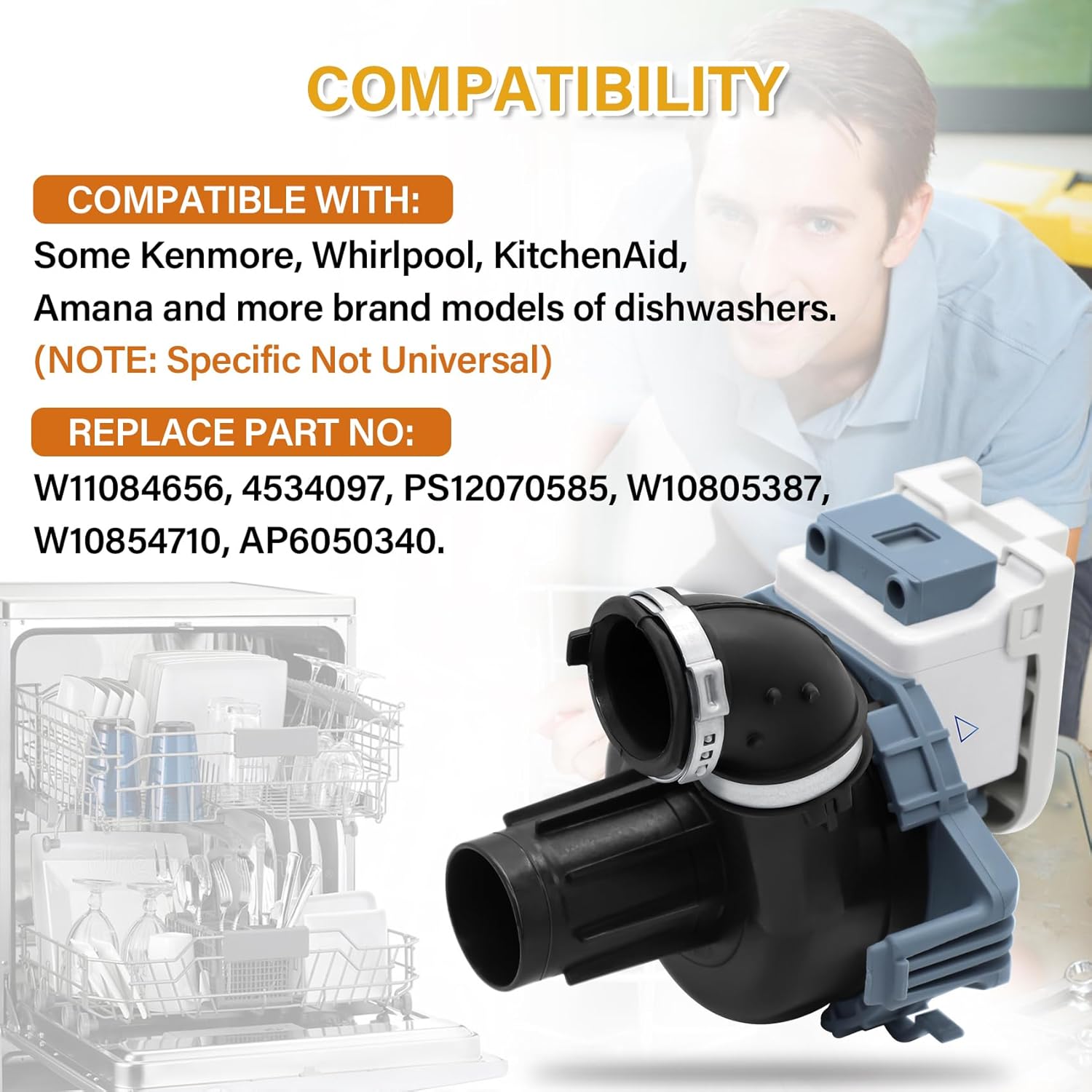 W11084656 Dishwasher Circulation Pump & Motor Assembly Compatible with Kenmore, Whirlpool, KitchenAid, Amana, Replacement Part: 4534097, PS12070585, W10805387, W10854710, AP6050340